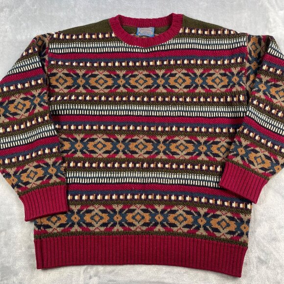 Vintage Pendleton Sweater Mens XL Virgin Wool Made in USA Red Multicolor Aztec